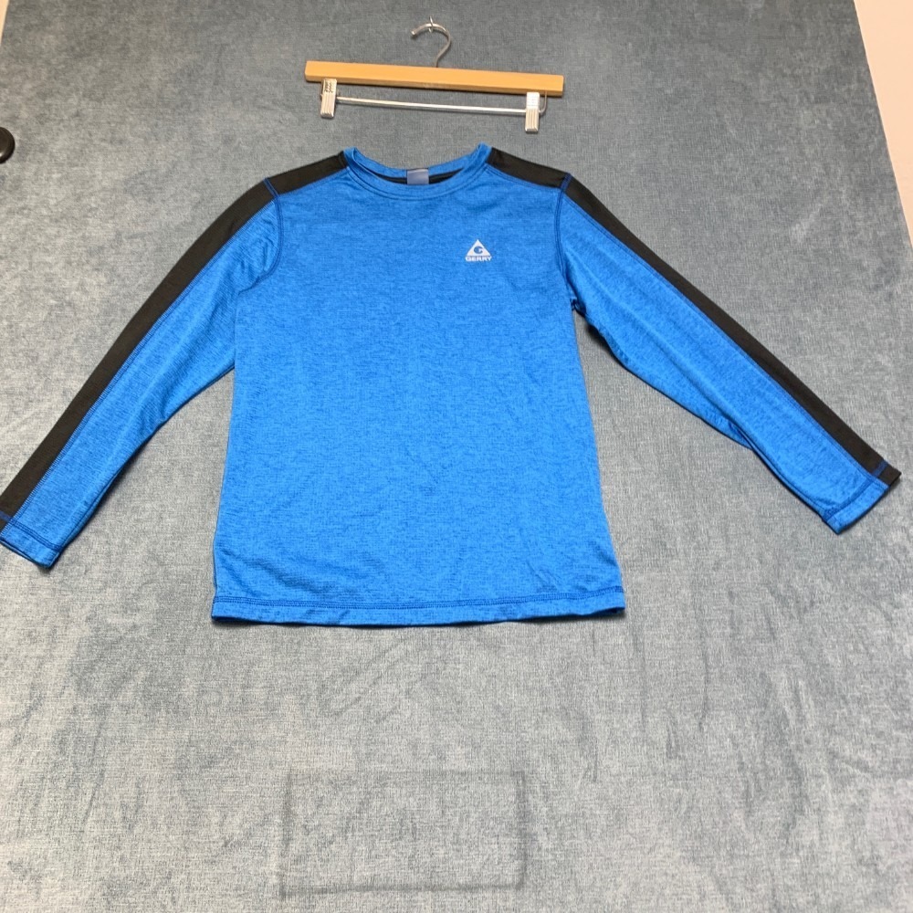Gerry Shirt Boys L 14-16 Blue Black Gird Fleece Lined Logo Long Sleeve Crew Neck